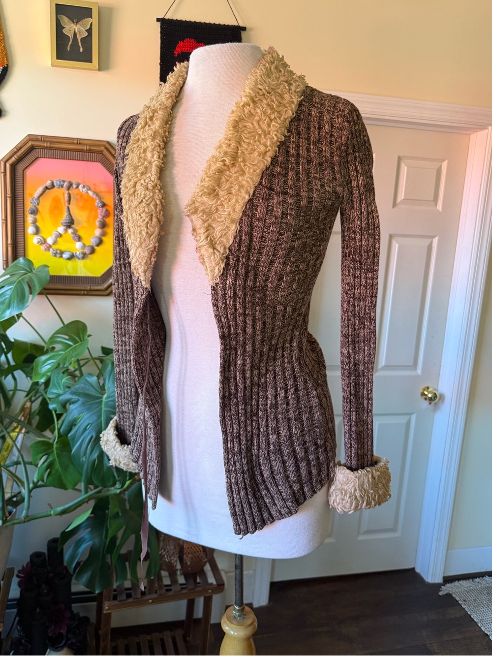 Y2K Charlotte Russe Brown Ribbed Cardigan with Cream Faux-Shearling Trim